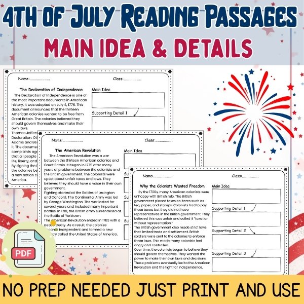 Free 4th of July main idea and supporting details reading activity