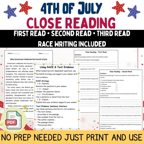 Free 4th of July close reading nonfiction passage for Grades 3–5