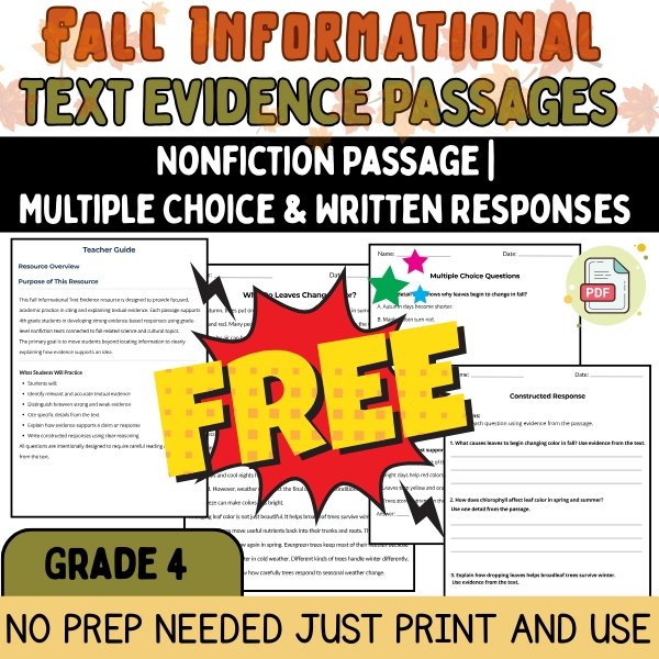 FREE Fall Informational Text Evidence Passage