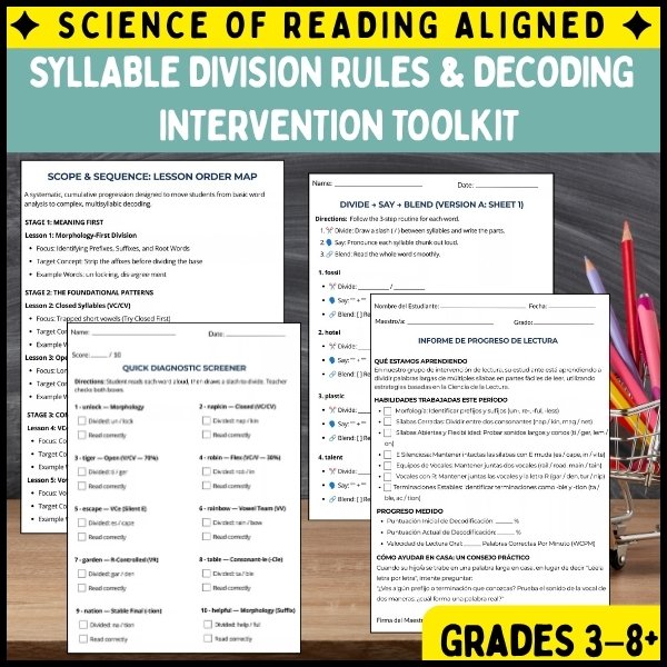 syllable division intervention toolkit for grades 3-8 with Science of Reading strategies